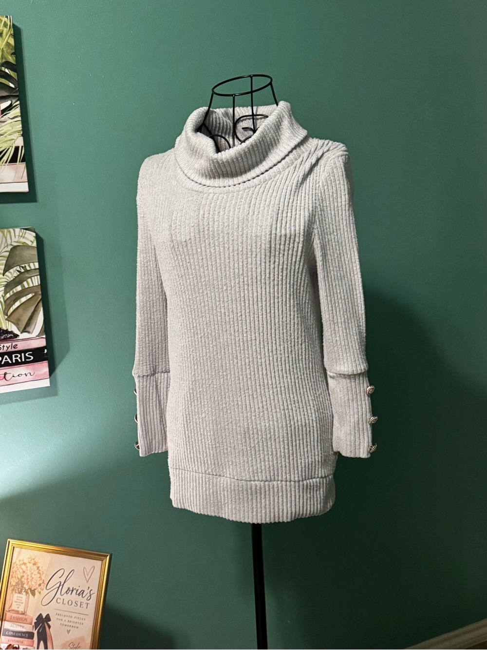 Cozy Ribbed Cowl Neck Sweater with Button Cuff - Light Gray